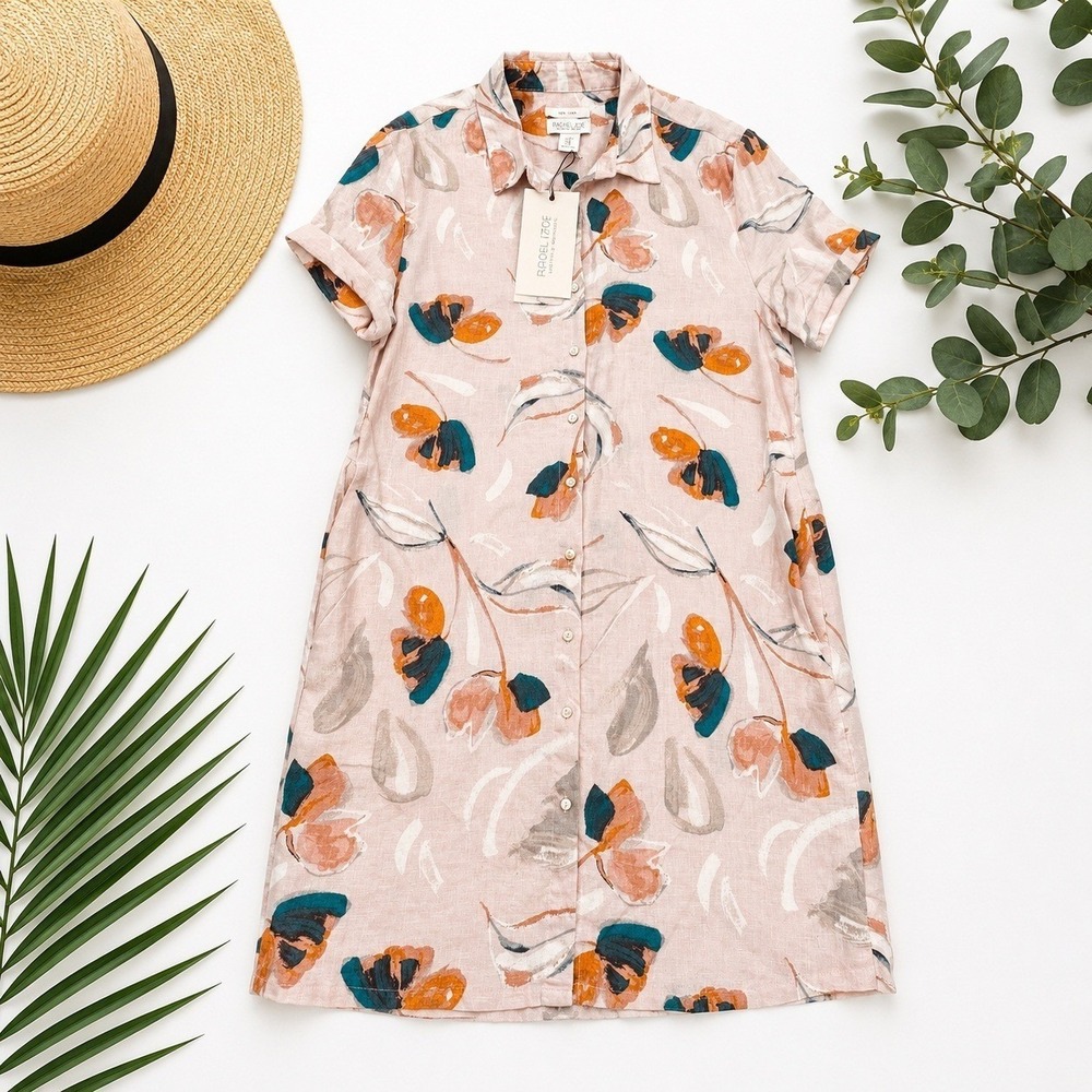 Rachel Zoe Linen Midi Shirt Dress Size M Pink Abstract Floral Pink Botanical NEW